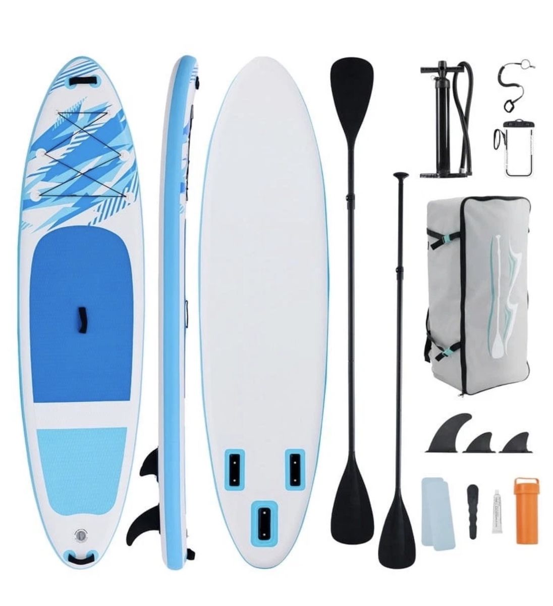 Inflatable Stand Up Paddle Board SUP with Adjustable Paddle, Pump, Leash, Fins & Backpack