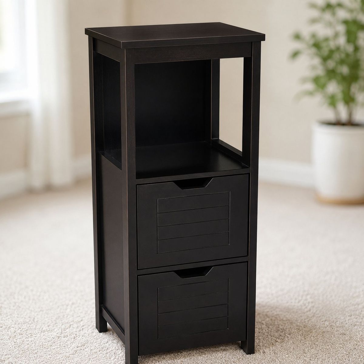Black Bathroom Storage Cabinet Tower with Shelves and Drawers - 35.5" Tall
