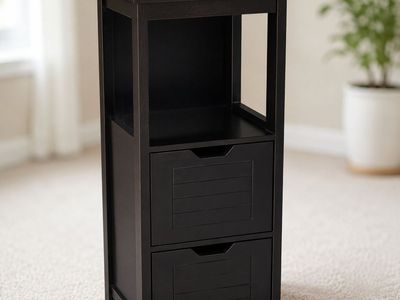 Black Bathroom Storage Cabinet Tower with Shelves and Drawers - 35.5" Tall