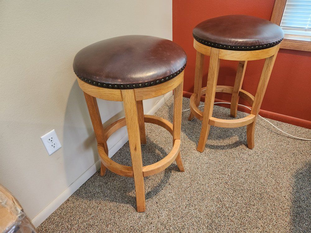 Leather Oak Bar Height Stools