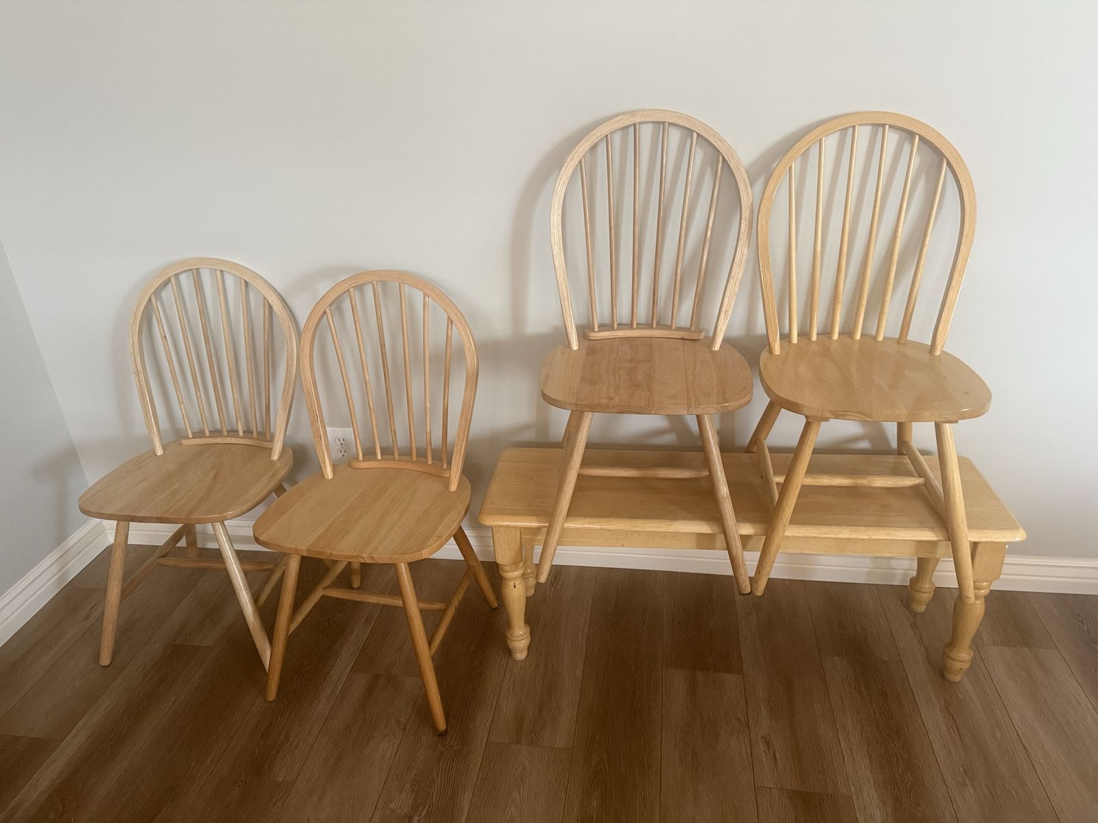 Set of 4 Natural Wood Spindle Back Dining Chairs and matching bench