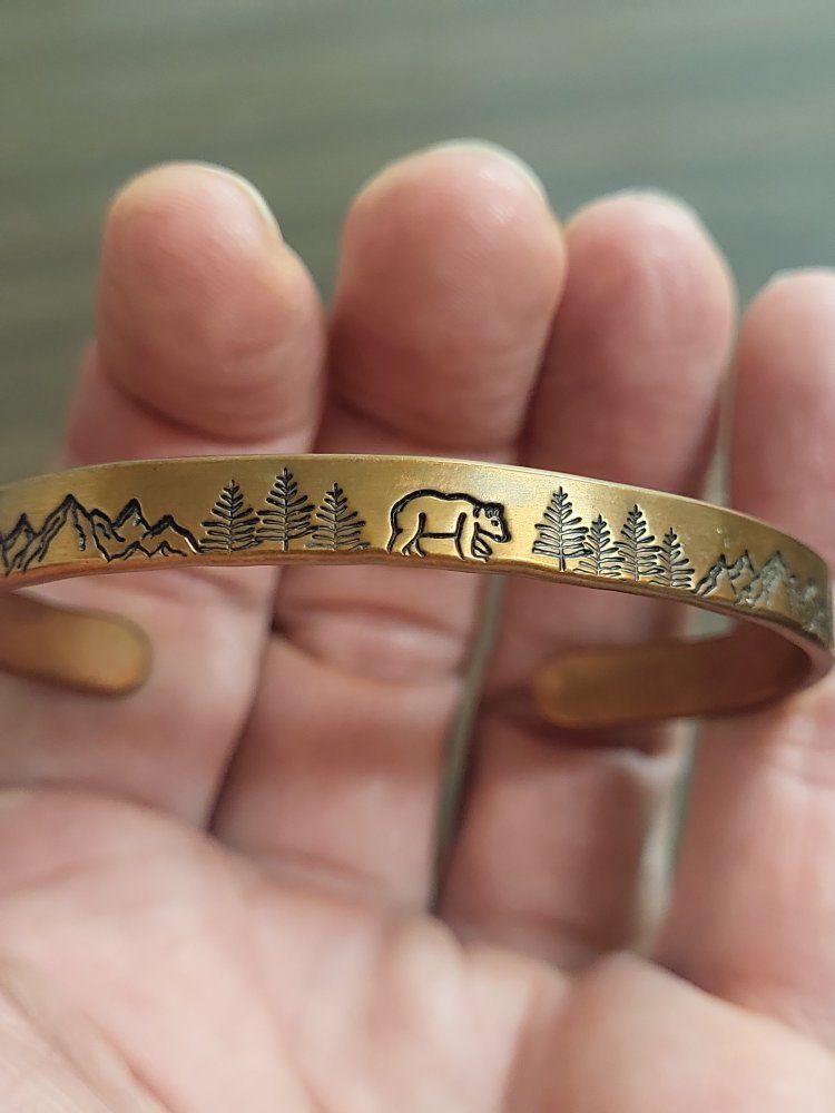 Engraved Copper Cuff Bracelet Bear Mountain Pine Tree Forest
