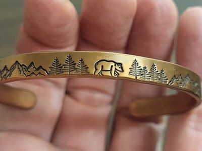 Engraved Copper Cuff Bracelet Bear Mountain Pine Tree Forest
