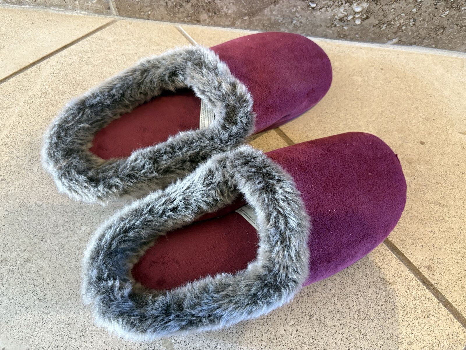 Dearfoam Velour Slippers w/ Gray Faux Fur Sz 9-10