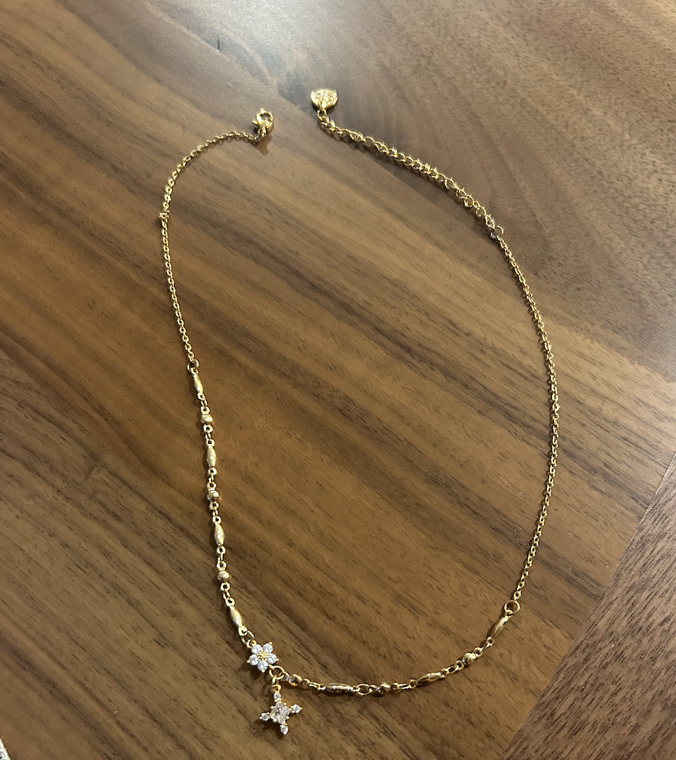 Gold-Tone Floral & Star Charm Necklace – Dainty Adjustable Chain