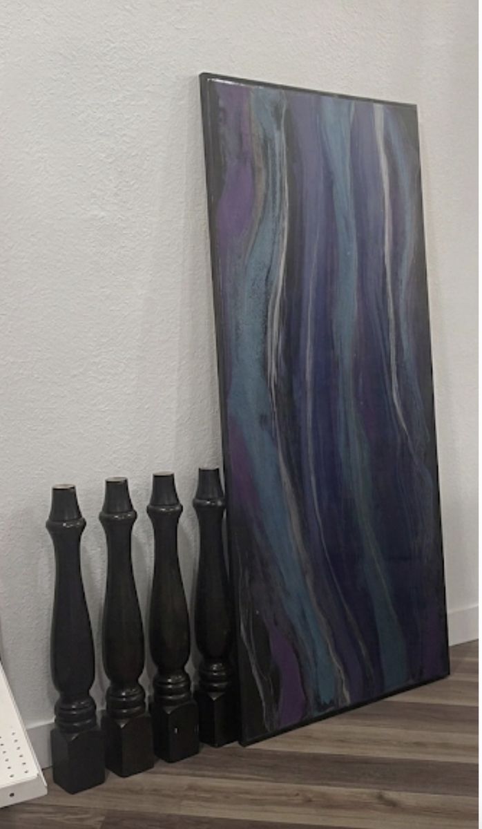 Custom Resin Art Dining Table Top with Legs - Unique Blue & Purple Swirl Design