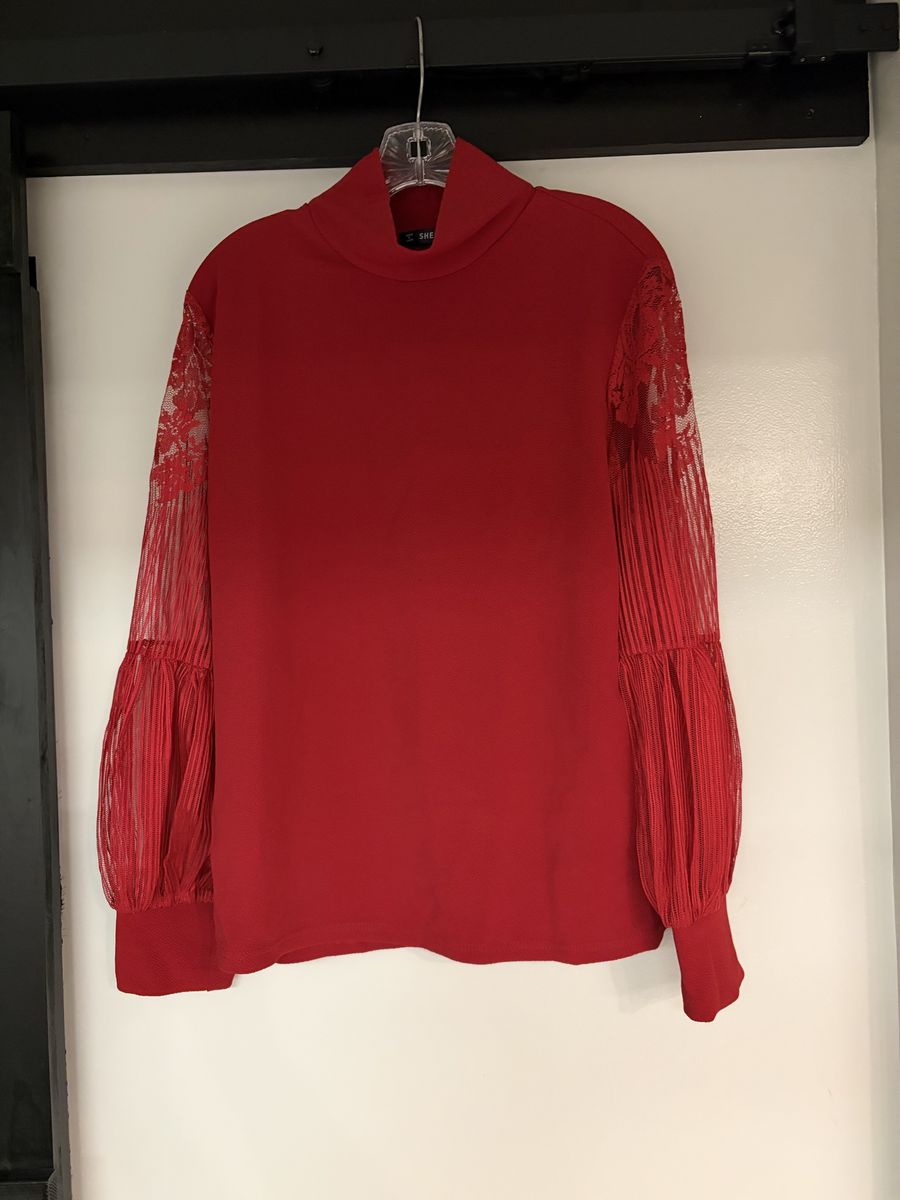 Brand new red high neck blouse with sheer lace sleeves