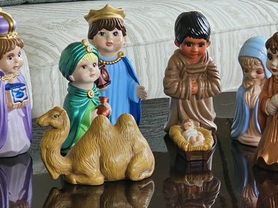 Vintage Ceramic Children's Nativity Scene Figurine Set Arnel 1975 Handpainted ~8"T 8Piece Set