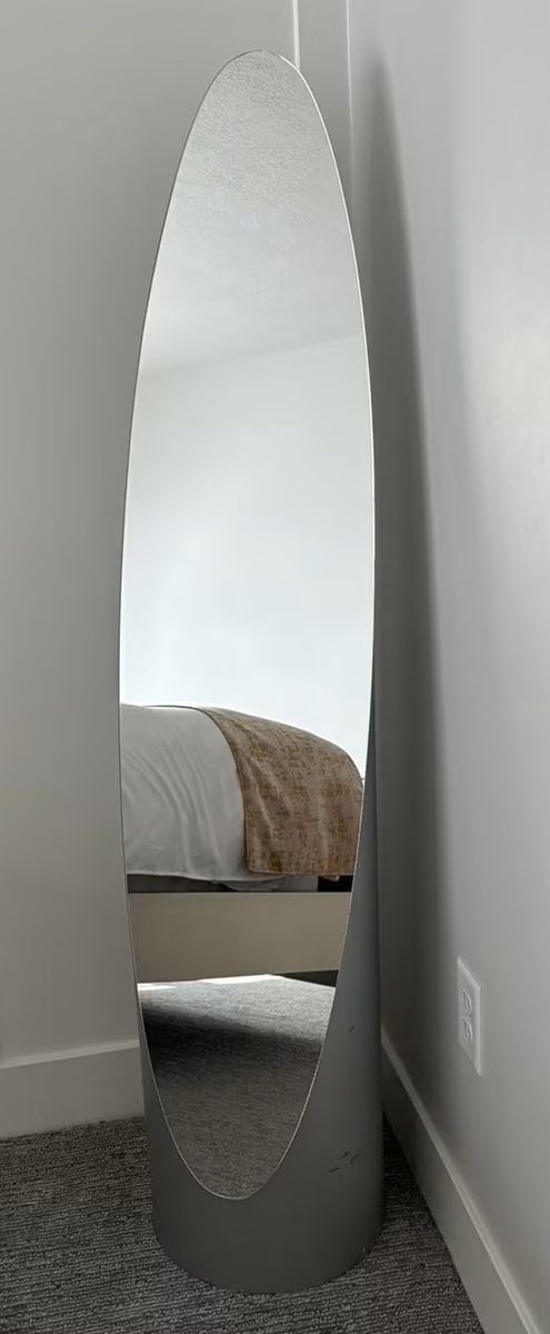 Modern Oval Surfboard-Style Floor Standing Mirror - Silver Base