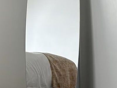 Modern Oval Surfboard-Style Floor Standing Mirror - Silver Base