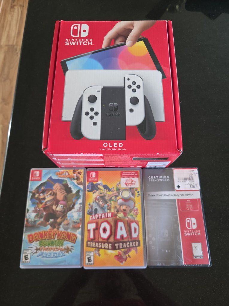Nintendo Switch OLED Model with Donkey Kong Country, Captain Toad, and Crisis Core Final Fantasy VII
