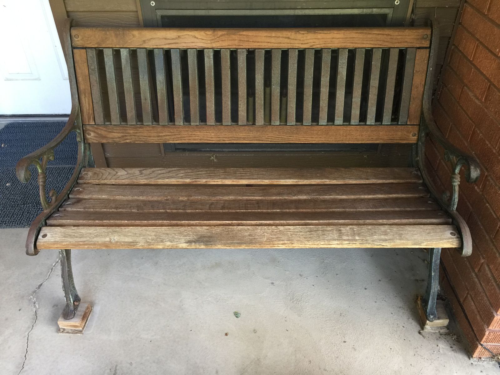 Cast Iron and Wood Outdoor Garden Bench and Matching Table/Footstool Set
