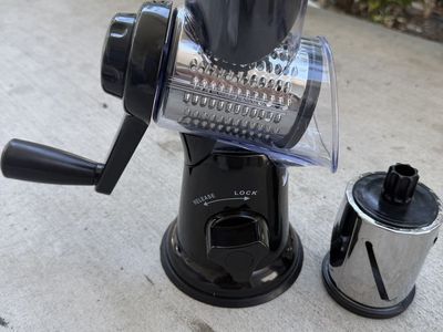 Manual Rotary Cheese Grater & Slicer with Suction Base - Black & Clear, Stainless Steel Blades