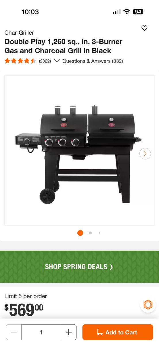 Char-Griller Double Play 1260 sq. in. 3-Burner Gas & Charcoal Grill Black - New In Box