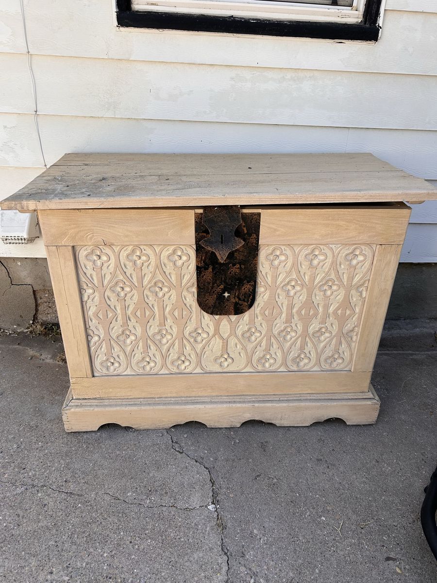 OBO Vintage Hand-Carved Wooden Storage Trunk Chest with Latch