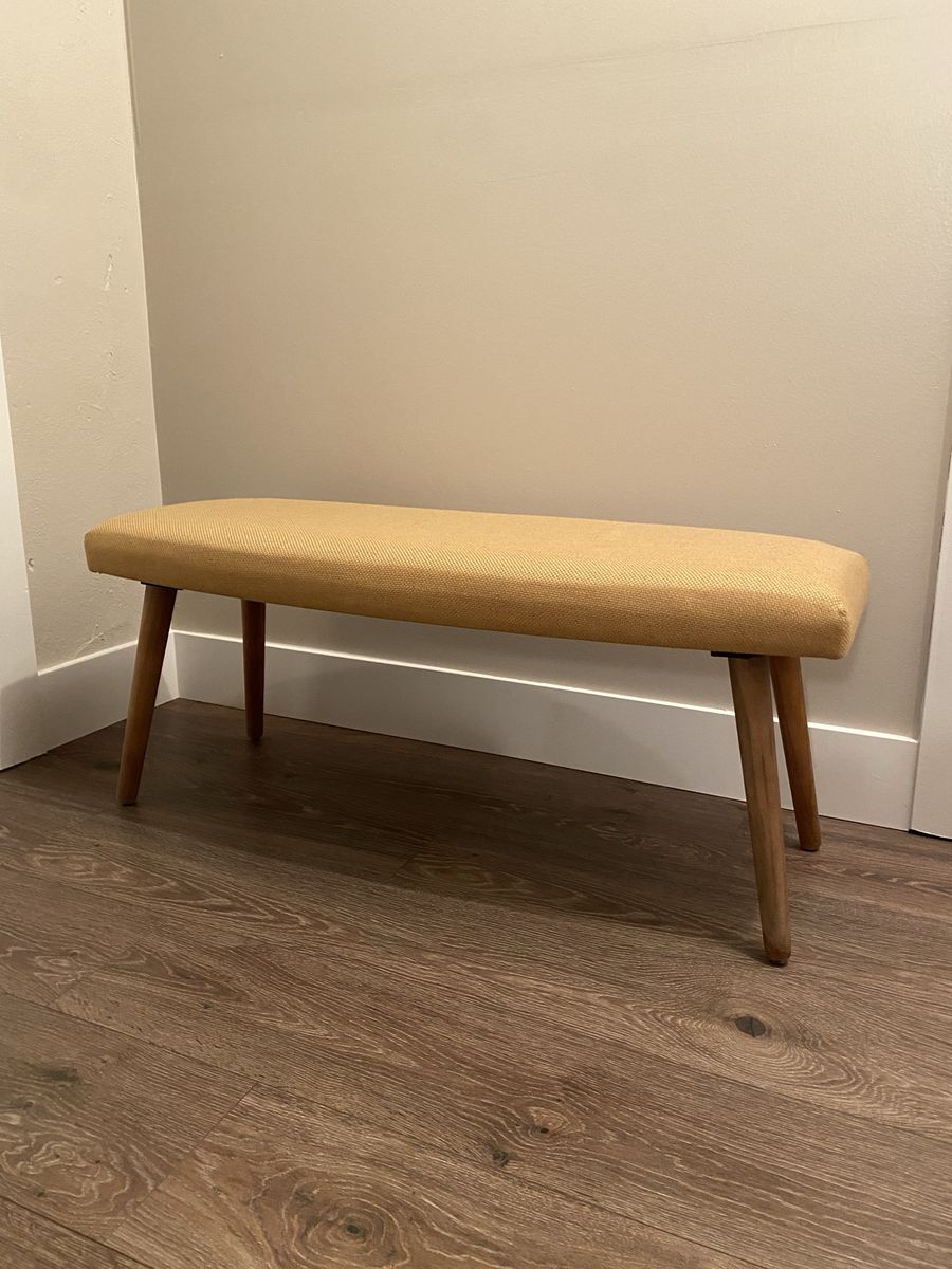 Mid-Century Modern Style Upholstered Bench - Yellow/Gold Fabric, Wooden Legs