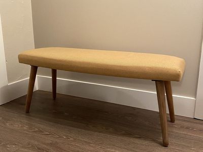 Mid-Century Modern Style Upholstered Bench - Yellow/Gold Fabric, Wooden Legs
