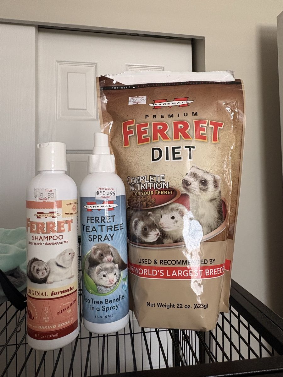 Ferret food, spray and shampoo