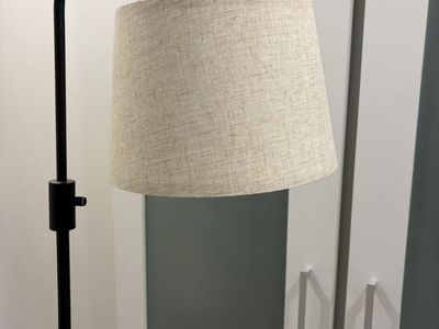 Modern Black Metal Floor Lamp with Burlap Shade