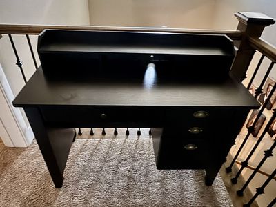 Compact Dark Brown Wood Desk with Hutch and Storage Drawers