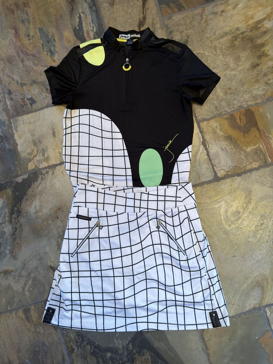 Jamie Sadock Women's Golf Outfit: Black & White Grid Polo (M) & Skirt (4) - Performance Spandex Blend