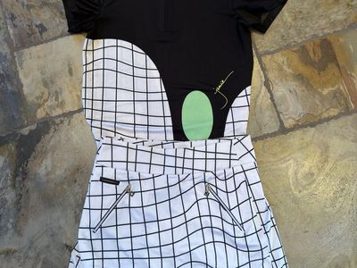 Jamie Sadock Women's Golf Outfit: Black & White Grid Polo (M) & Skirt (4) - Performance Spandex Blend
