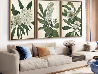 NEW 20x28 (3) Natural Float Framed White Flowers Green Leaves Pictures Decor Simple Botanical Plants