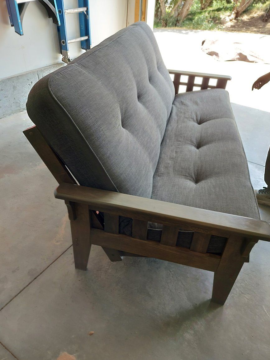 Tucson Futon in Rustic Walnut Finish with Linen Charcoal Mattress converts to full size bed in great condition