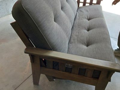 Tucson Futon in Rustic Walnut Finish with Linen Charcoal Mattress converts to full size bed in great condition