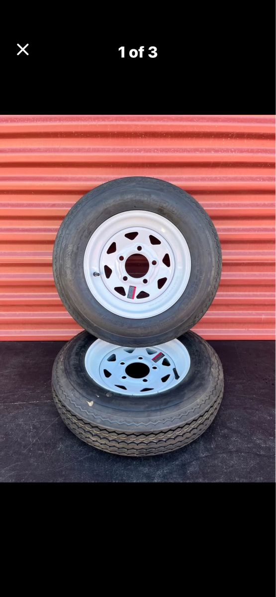 Set of 2 Hi Run ST 5.30-12 Trailer Tires Mounted on New white Spoke Wheels.     5 on 4.5 Brand New 130.00 For Both