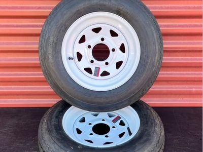 Set of 2 Hi Run ST 5.30-12 Trailer Tires Mounted on New white Spoke Wheels. 5 on 4.5 Brand New 130.00 For Both