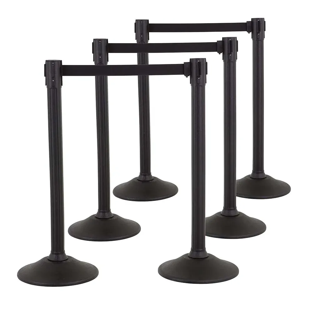 Set of 6, Sentry Stanchion - Black Stanchion - Extended 11' Black Nylon Retractable Belt for Crowd Control Barrier