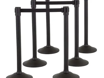 Set of 6, Sentry Stanchion - Black Stanchion - Extended 11' Black Nylon Retractable Belt for Crowd Control Barrier