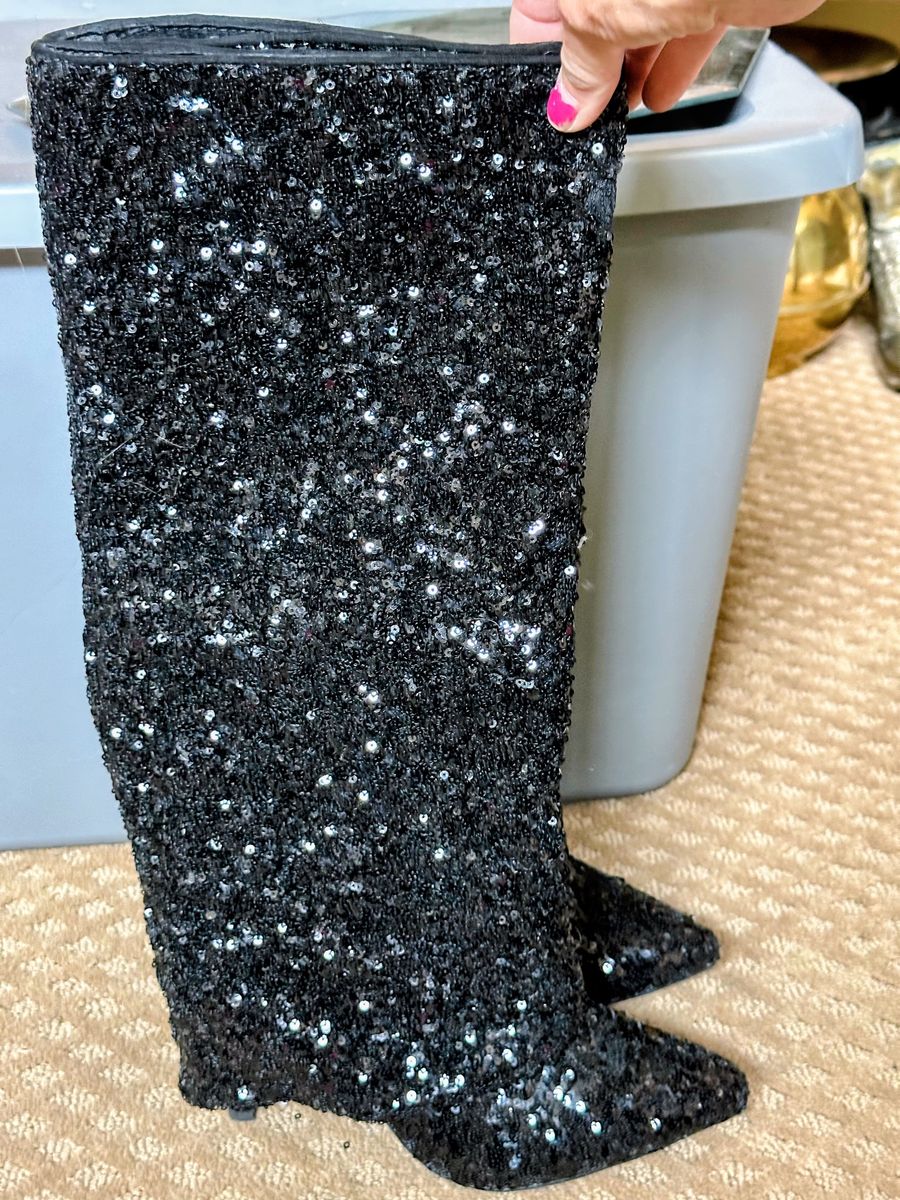 A New Day Women's Black Sequin Knee-High Heeled Boots Size 7.5