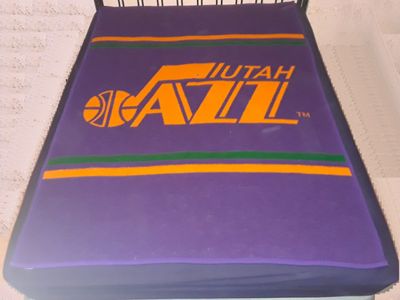 TWO (2) Vintage Utah Jazz NBA Blankets 1980's Original Team Logo Purple Green, Gold 76x54"