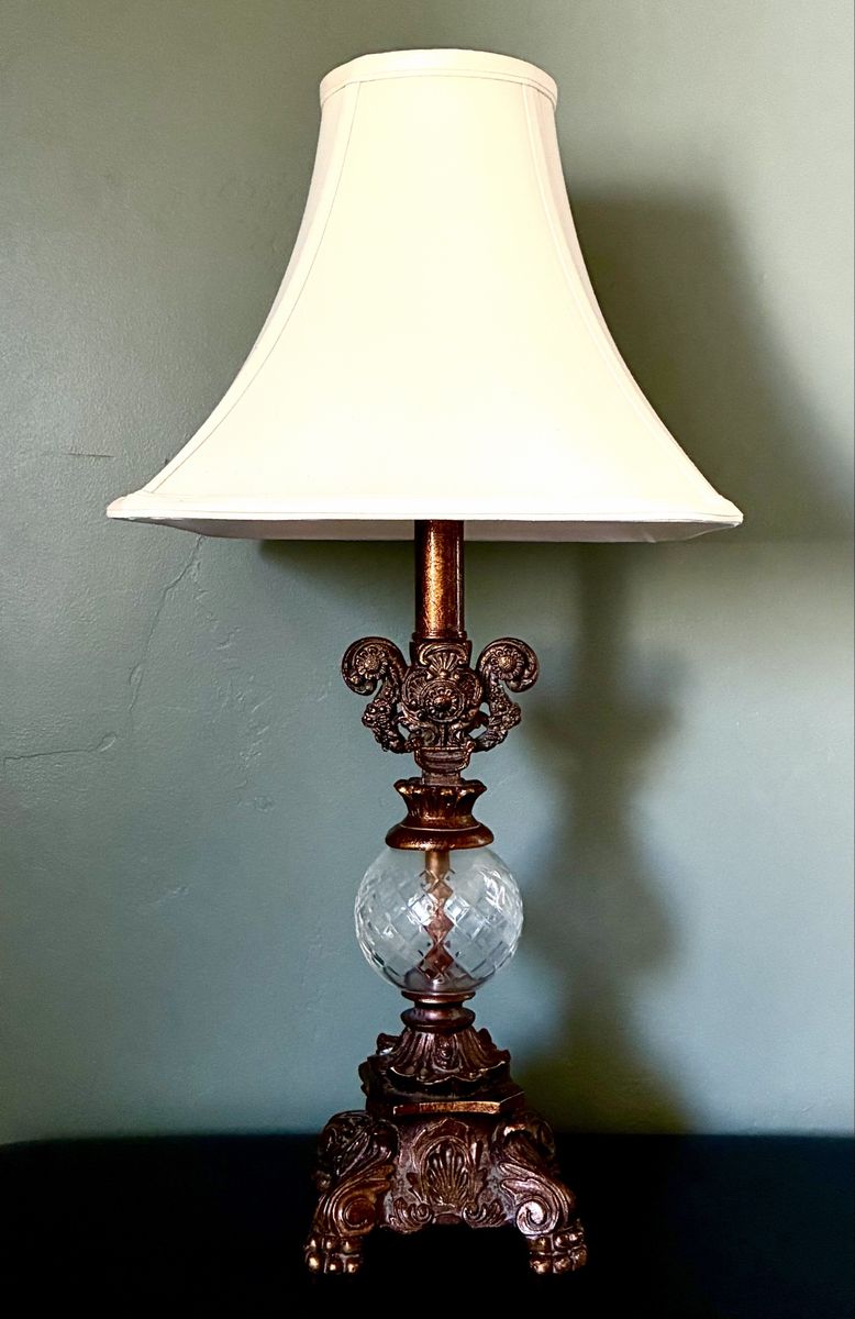 Vintage Ornate Table Lamp with Crystal Globe and Fabric Shade