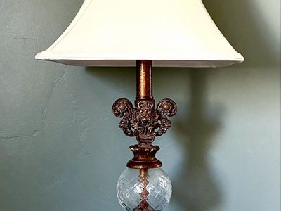Vintage Ornate Table Lamp with Crystal Globe and Fabric Shade