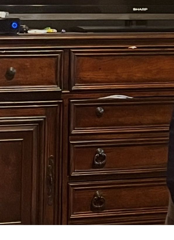 High-end dresser, sturdy, solid wood, 5 drawer with shelves