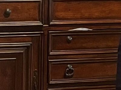 High-end dresser, sturdy, solid wood, 5 drawer with shelves