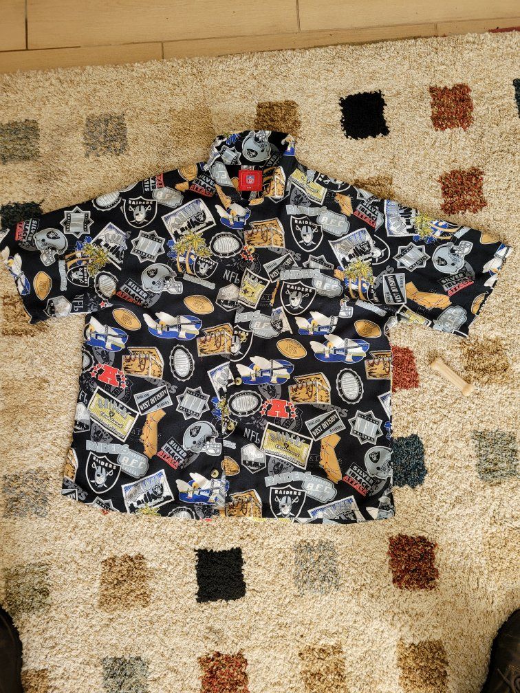 NFL Oakland Raiders Hawaiian Button-Up Shirt - Men's Black, Size L, All-Over Print