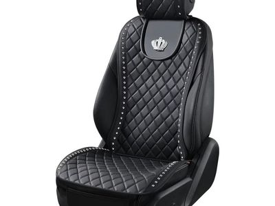 Luxurious Black Quilted Faux Leather Car Seat Covers with Crown Emblem & Stud Accents