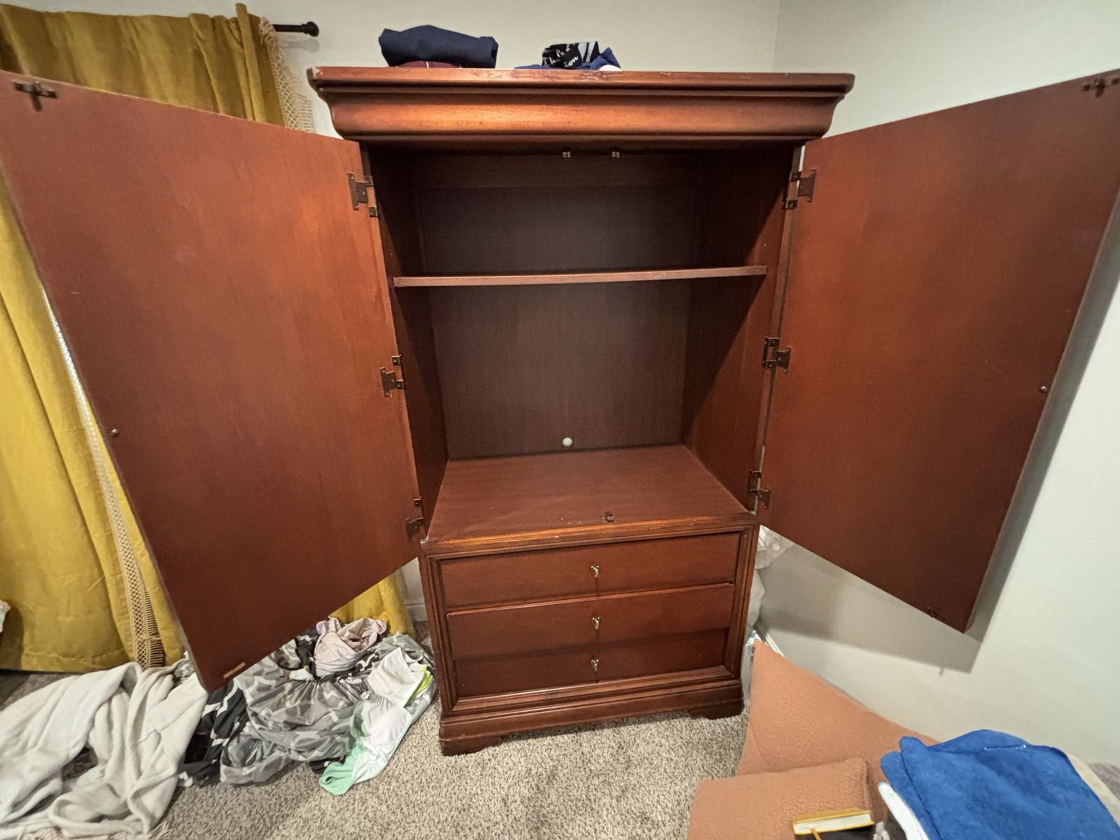 Large Wooden Armoire - Storage Cabinet with 3 Drawers & Adjustable Shelf, Dark Wood Finish.