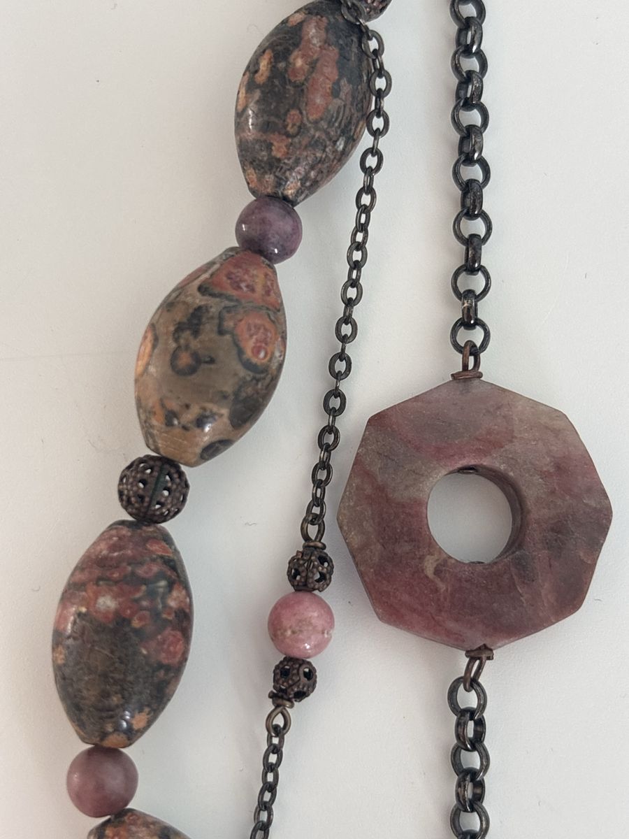 Unique Multi-Strand Statement Necklace with Natural Stone Beads and Dark Metal Chain