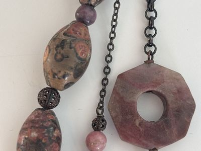 Unique Multi-Strand Statement Necklace with Natural Stone Beads and Dark Metal Chain
