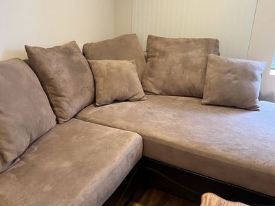 Brown Suede Micro fiber Sectional Sofa with Chaise Lounge and Matching Ottoman/footstool.