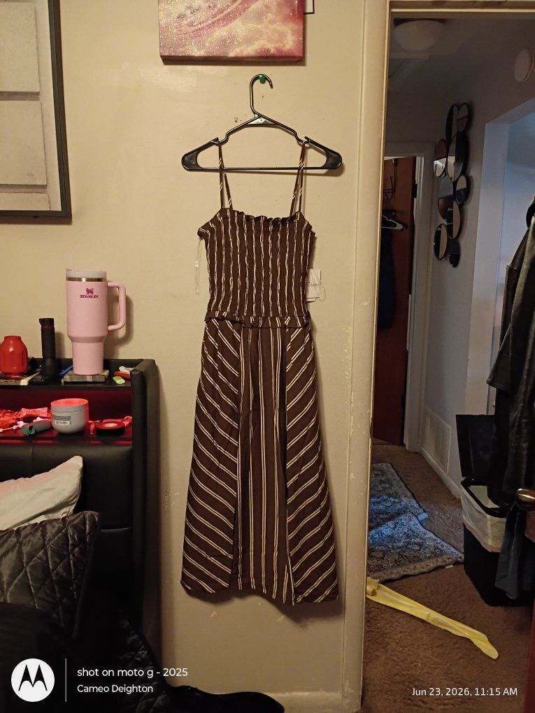 Stylish Brown & White Striped Midi Dress - Size Large