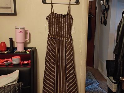 Stylish Brown & White Striped Midi Dress - Size Large