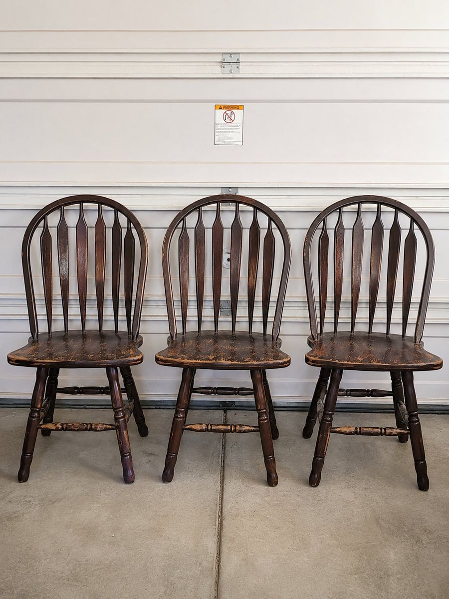 Set of 3 Vintage Dark Wood Spindle Back Dining Chairs - Rustic Farmhouse Style