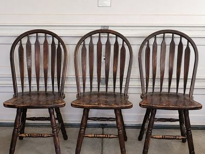 Set of 3 Vintage Dark Wood Spindle Back Dining Chairs - Rustic Farmhouse Style