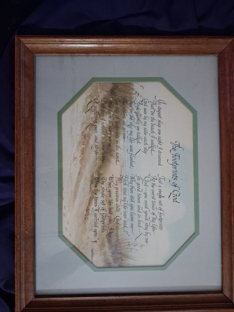 Vintage "Footprints in the Sand" Poem Framed Wall Art Wood Frame Religious Decor
